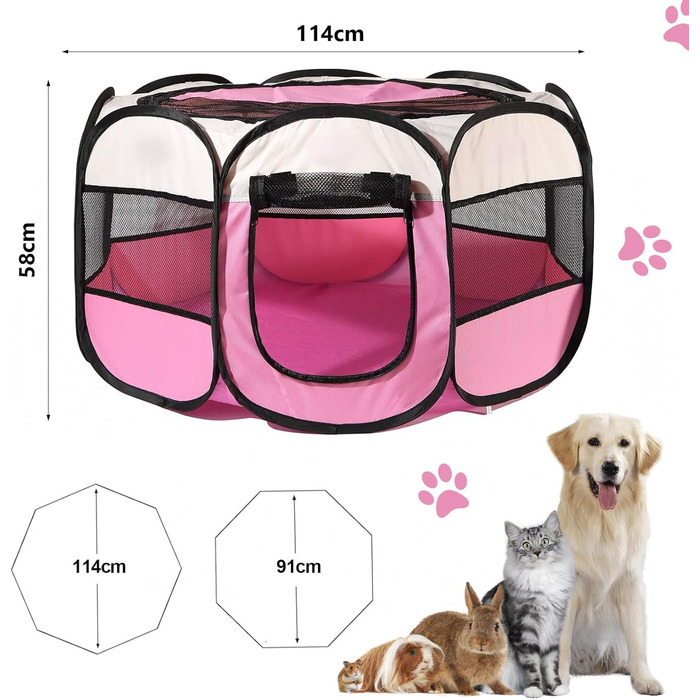 Клітка-забіг для собак та котів, переносний вольєр для тварин, 114x114x58 см, рожевий
