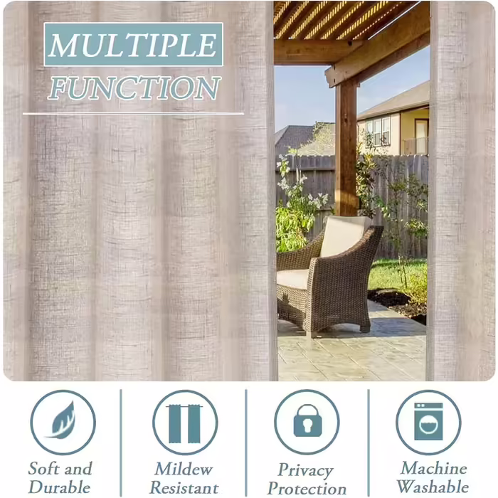 Outdoor Curtains, Removable, Sticky Tab-Top for Easy Hanging and Taking Down, Waterproof Outdoor Patio with White Curtain Top Indoor, 2 Panels (2X 132x213 cm, Natural) (H274 x W132 cm (2 Pack), Natural)