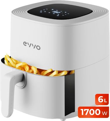 Фритюрниця EVVO без олії, 6 л, 1700 Вт, антипригарне покриття, Dual-Cyclon технологія, багатофункціональна, для випікання, дегідратації, розморожування, до 200 °C, автоматичне вимкнення, білий колір