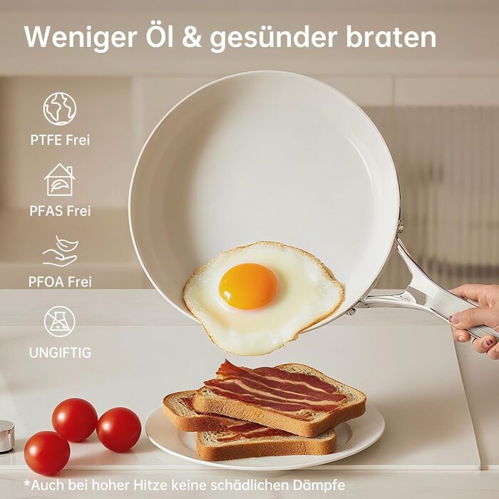 Набір сковорідок з керамічним антипригарним покриттям Tjean (без PTFE, PFOA, PFAS) з нержавіючою ручкою, підходить для індукційних, газових, електричних плит та духовки до 280°C (кремовий, 20+24+28 см)