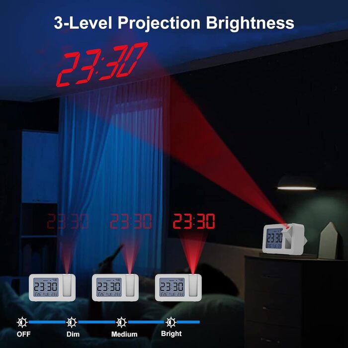 CHEREEKI Projection Alarm Clock, Alarm Clock with Indoor Temperature, 4 Adjustable Projection Brightness, 9-Minute Snooze Function, Digital Alarm Clock Suitable for Office and Bedroom