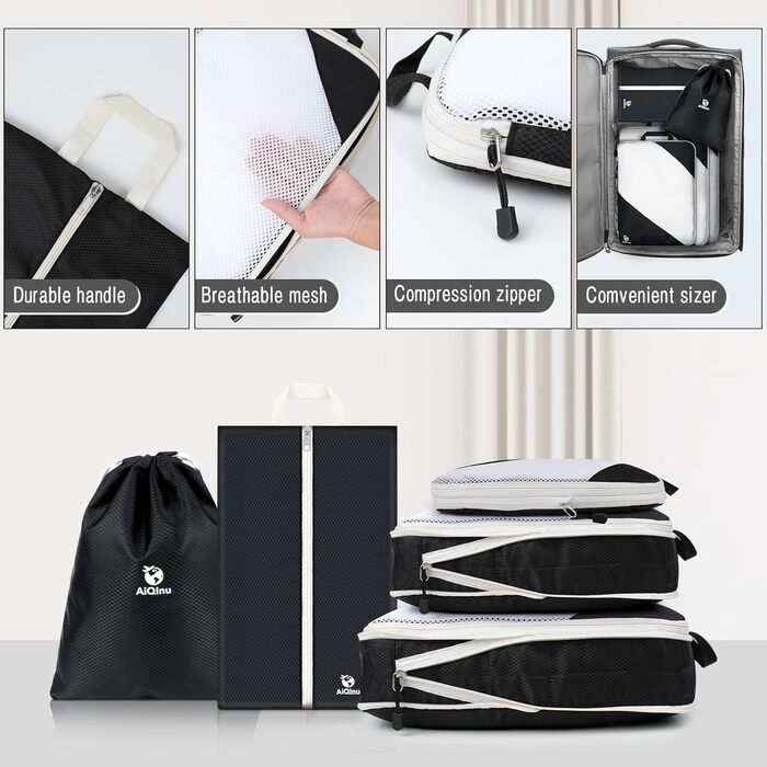 Органайзери для валіз AiQInu, 5 шт. - Набір для пакування з компресійними мішками, мішок для білизни та для взуття. Легкі, розширювані, для ручної поклажі (Чорний)