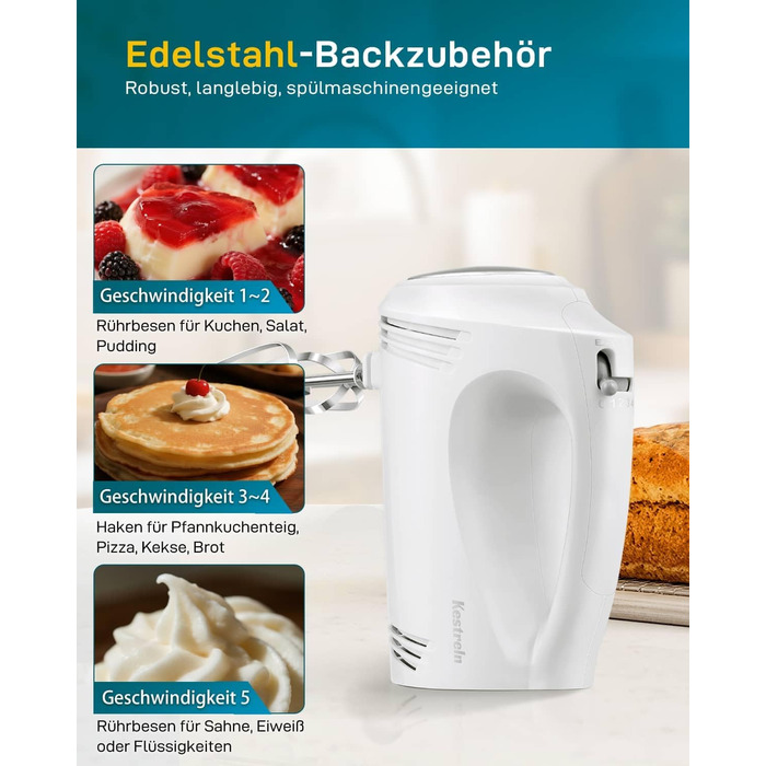 Ручний міксер 350 Вт, 5 швидкостей, з нержавіючої сталі (віночок та гак), ергономічна ручка, довгий кабель, BPA-free – білий KS1 S1
