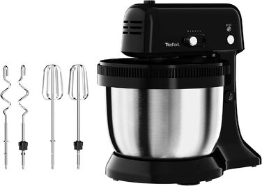 Tefal QB1108 Oh My Cake Stand Mixer | 300 Watt | Satellite Whisk | 4-Liter Stainless Steel Bowl | Compact Size | 5 Speeds | Includes 2 Whisk Beaters, 2 Dough Hooks | Black
