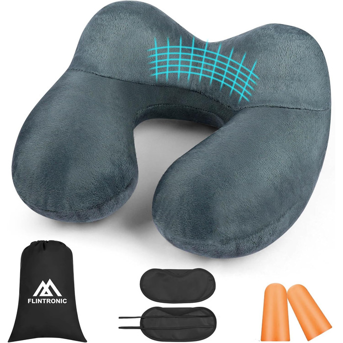 Надувна подушка для шиї Flintronic, ергономічна підголовник з м'яким знімним чохлом для шиї, підборіддя та голови, для подорожей та кемпінгу (темно-сірий) з двошаровою повітряною насадкою