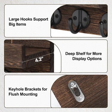 Wall-Mounted Key Holder – 24.9 x 17 x 10.7 cm, Decorative Wall Shelf with Hooks for Keychains, Dog Leash, Wallet, Purse – Real Paulownia Wood, Entryway Shelf for