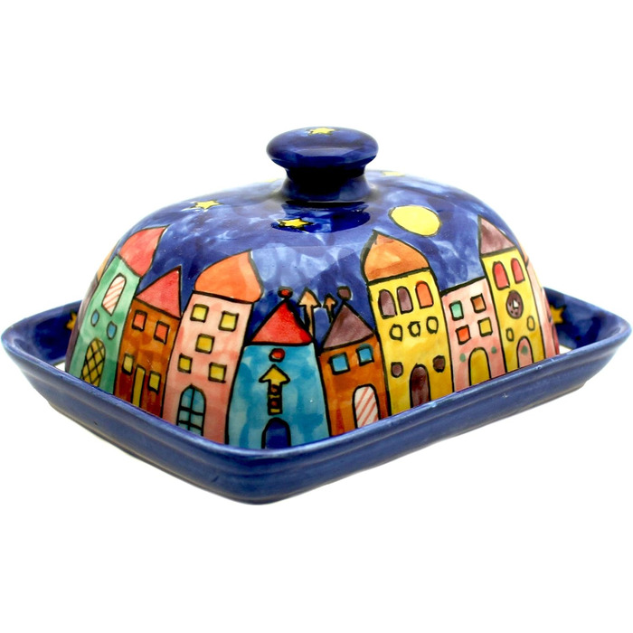 Butter dish with lid, designed by Gall&Zick, handcrafted from ceramic, for a standard 250g block of butter, colorfully hand-painted, dishwasher-safe (New Village)