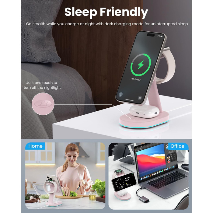 Бездротова зарядка 3-в-1 з MagSafe, USB-C, для iPhone 16/15/14/13/12, Apple Watch та AirPods, з нічним світлом (Рожева)