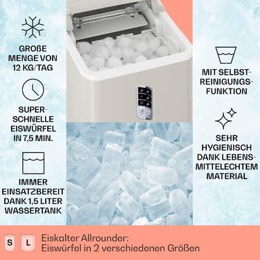 Klarstein Ice Cube Machine Small, Fast Ice Cube Maker, Self-Cleaning Ice Cube Maker, Ice Cube Device for Large and Small Ice Cubes, with Ice Cube Container, 12kg/24h, Capacity 1.5 L (Creme)