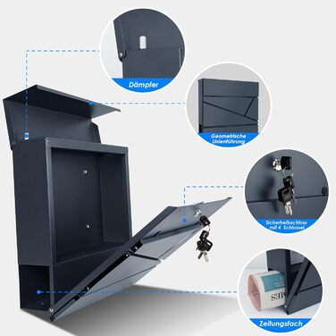 Поштовий ящик Bobodeco Dreispitz антрацит RAL 7016 з оглядовим вікном та газетницею, замок