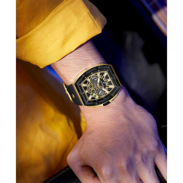 Чоловічий годинник-хронограф на кварцовому механізмі з японським годинниковим механізмом, 5ATM, корпус з нержавіючої сталі, тонка форма корпусу, силіконовий ремінець, золотий колір