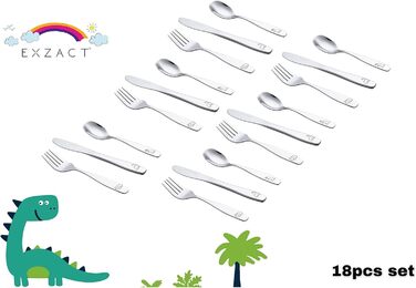 Набір дитячого столового приладдя EXZACT Kinderbesteck Set 18-ти частинний з нержавіючої сталі, від 2 років, безпечні ножі, 6 виделок, 6 ножів, 6 ложок (Dino X 18)