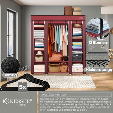 KESSER® Wardrobe Clothes Rack Stable with Clothes Rail & Shelves, Incl. 5x Clothes Hangers, Fabric Folding Wardrobe for Bedroom, Dressing Room, Clothes Rack 150x45x175cm (Burgundy Red)