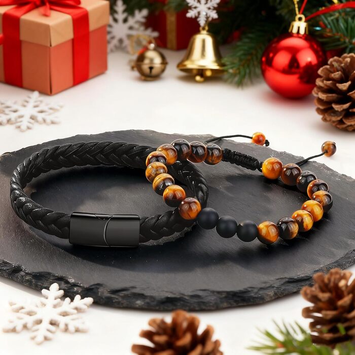 Чоловічий браслет з натуральної шкіри, чорний, плетений, з магнітною застібкою (2 шт.)