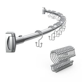 Регульована вигнута штанга для душу 107-182 см з 12 кільцями для душу - для ванної, гардеробу, кухні. Легка установка, хром.