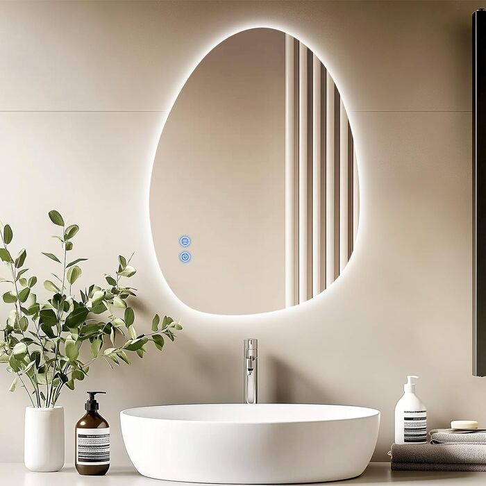 LED дзеркало для ванної кімнати з підсвіткою 70x50 см, холодне біле світло 6000K, енергозберігаюче, диммування, проти запотівання