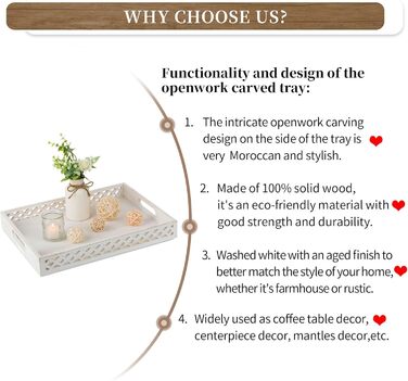 Hanobe Serving Tray Wooden Tray Decor Tray: Rectangular farmhouse decor tray wood white with handle white candle tray for coffee table tealight kitchen table