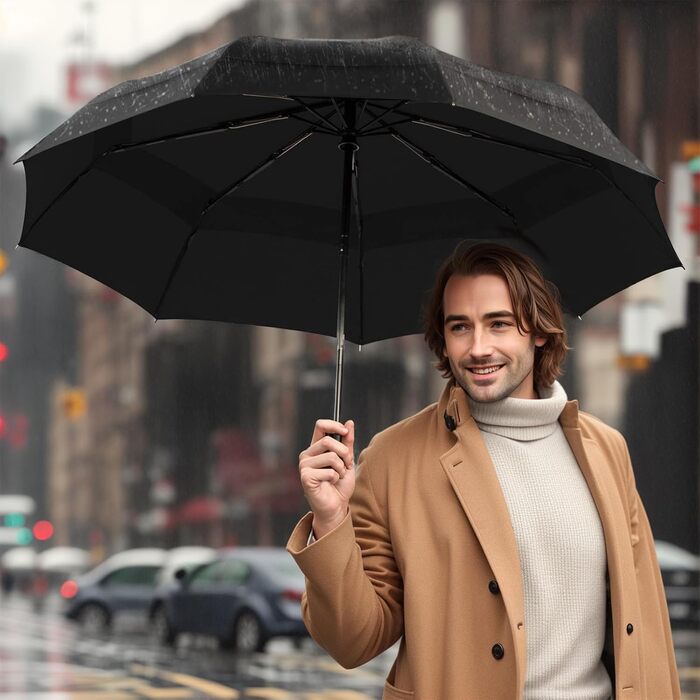 AMVUZ Сонцезахисний парасоль від дощу, стійкий до вітру, автоматичний, туристичний, чорний, з двошаровим покриттям