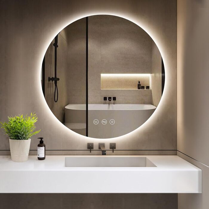 Круглий дзеркало для ванної кімнати з підсвічуванням, 80 см, 3 кольори світла, диммування, антизапар, сенсорне управління, функція пам'яті, LED, енергозбереження