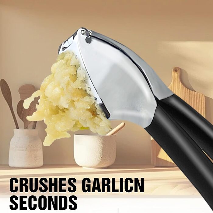 Прес для часнику з нержавіючої сталі - багатофункціональний прес для часнику з силіконовим очищувачем та щіткою для чищення. Прес для часнику, придатний для миття в посудомийній машині. Чорний + срібний