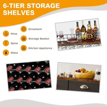 Homeiju Wine Rack, Freestanding Floor, Bar Cabinets for Liqueurs and Glasses, 4-Tier Bar Cabinet with Tabletop, Glass Holder, Storage Drawer and Wine Storage for Living Room, Kitchen, (Retro Black Brown)