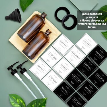 Набір скляних дозаторів для мила Vine Creations з нержавіючою помпою, для ванної та кухні, бурштинове скло, з силіконовою підставкою та водонепроникними етикетками