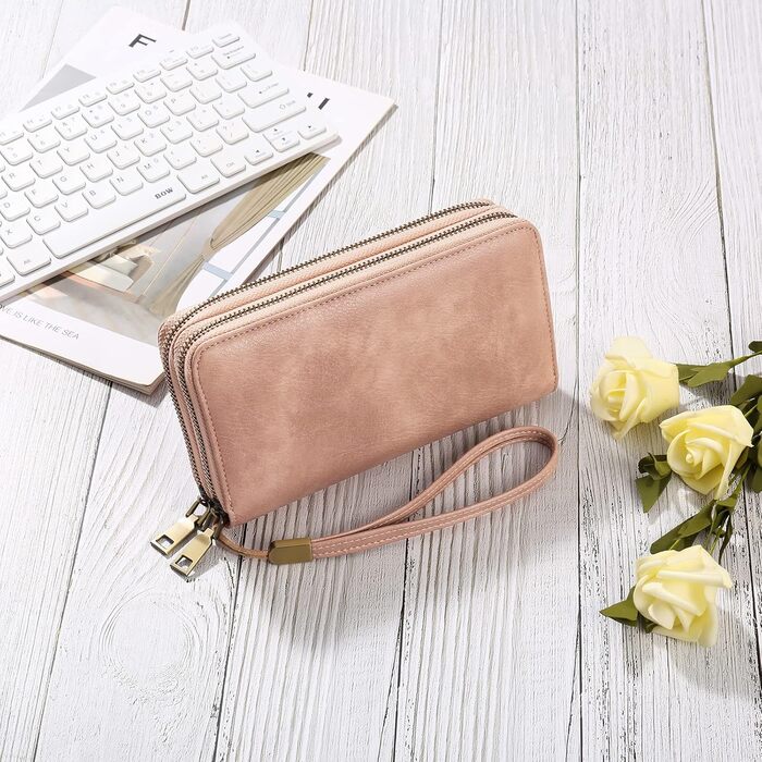 GAEKEAO Wallet for Women Large, Vegan Leather Card Holder Double Zipper Clutch with RFID Protection, Multiple Card Slots, Large Purse for Women