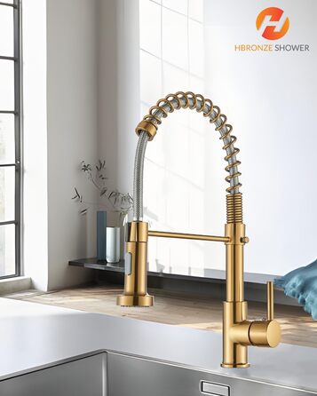 Кухляна змішувач Hbronzeshower з висувною лійкою, 360° обертання, нержавіюча сталь, з душем, для кухні