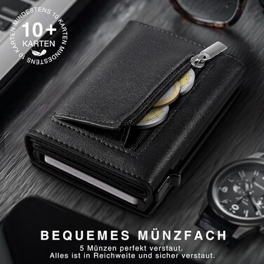 Чоловічий гаманець з відділенням для монет та RFID захистом, шкіряний, slim модель, 10 відділень для карток, чорний