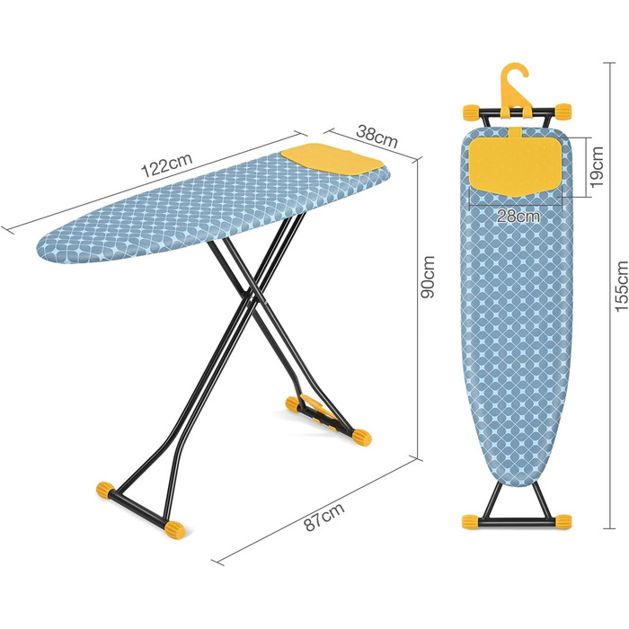 KINGRACK Прасувальна дошка з інтегрованою підкладкою з силікону, компактна та економна, з надзвичайно товстою поверхнею, 7 рівнів регулювання висоти, для підвішування на стіну та у шафу – 38x121 см, жовта