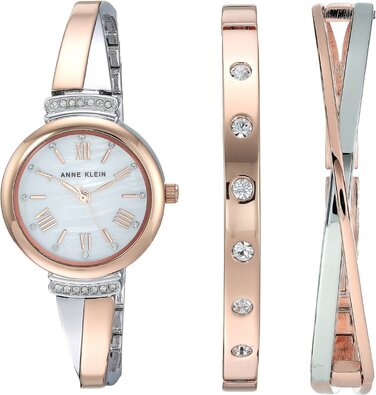 Жіночий набір годинника та браслетів Anne Klein Premium з кристалами, колір рожеве золото та срібло