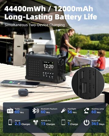 Радіо Kurbelradio на сонячній енергії та з ручним приводом | DAB/DAB+/UKW, Bluetooth 5.0 | Радіо для надзвичайних ситуацій з сонячною панеллю 8500 мм² та ручним приводом 650 мА | Портативне динамо-радіо з сонячною батареєю | Ліхтар та зарядний пристрій | 