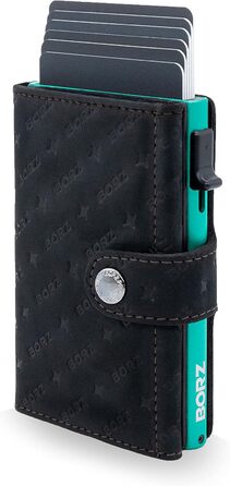 Круте шкіряне картхолдер BORZ Prime з відділенням для AirTag та цифровою візитною карткою. RFID захист, чорний (з синім кейсом)