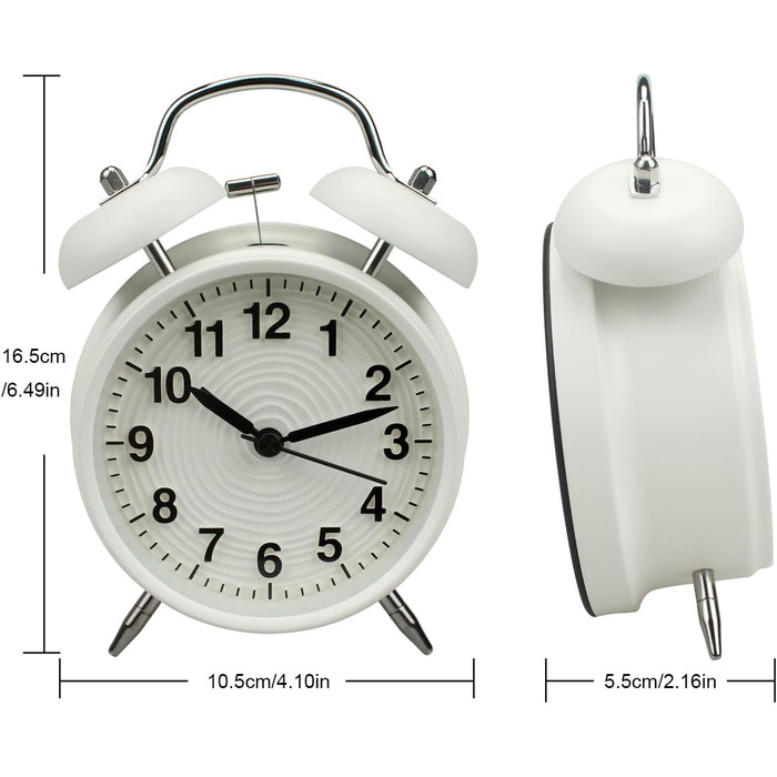 Homchen 10.2 cm Double Bell Alarm Clock, No Ticking, Battery-Powered, Loud Vintage-Style Alarm Clock with Night Light for Bedroom, White