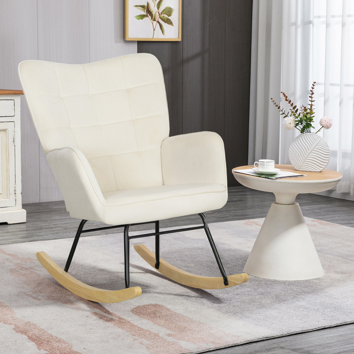 HOMCOM Rocking Chair, Rocking Armchair with Velvet Look, Armrests, Chair with Wooden Sleigh Runners, Relaxing Chair for Living Room, Bedroom, Beige | Aosom