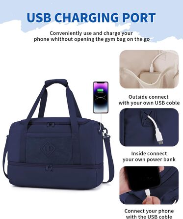 Спортивна сумка Wandf для ручної поклажі в літак (45x36x20 см) з відділенням для взуття та мокрих речей, для подорожей, спортзалу (блакитна)