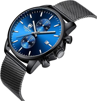 Годинник чоловічий GOLDEN HOUR: стильний хронограф з міцної нержавіючої сталі, водонепроникний, чорний/блакитний циферблат