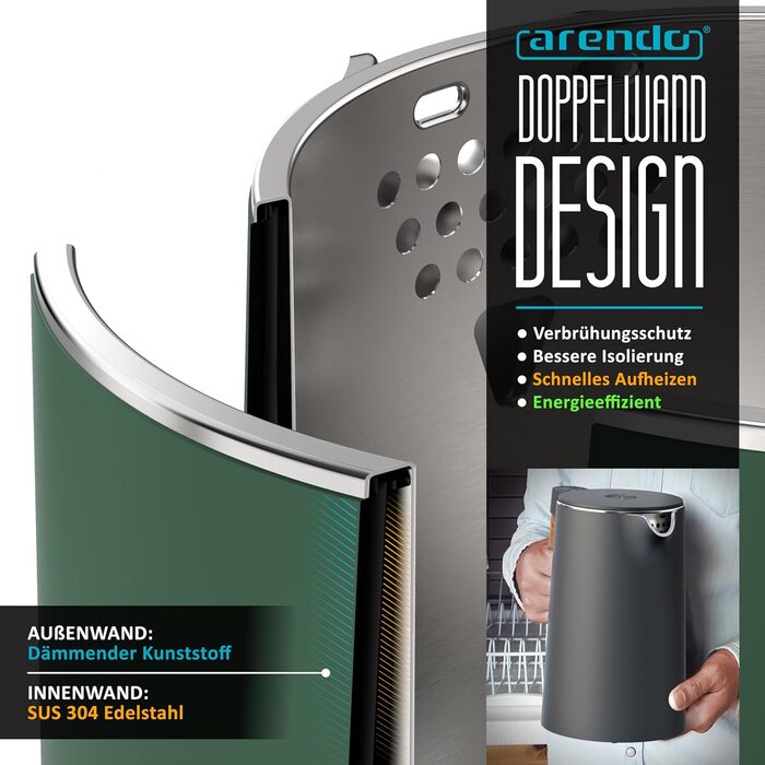 Електричний чайник Arendo з регулюванням температури (45°C-100°C), 1.5 л, з подвійними стінками, без BPA, з функцією підтримання тепла, зелений