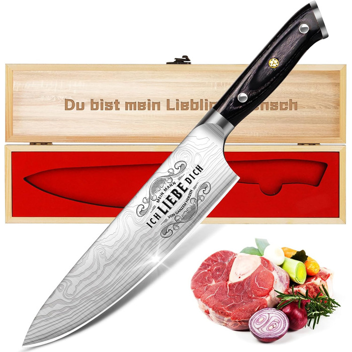 Updated Model - Valentine's Day Kitchen Knife Sharp Gift for Him, Professional Chef's Knife with Wooden Box, Partner Gifts for Men Husband, I Love You Valentine's Day Gift