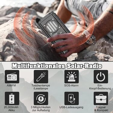 Портативне радіо на сонячній енергії 20000mAh з ручним генератором, AM/FM, LED ліхтарик, SOS-сигнал для надзвичайних ситуацій, Outdoor
