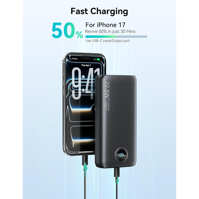 Потужний зовнішній акумулятор Power Bank 27000mAh 22.5W USB-C з LED-дисплеєм, швидка зарядка PD 3.0 та QC 4.0, вбудований ліхтар для iPhone, Samsung, iPad та смартфонів