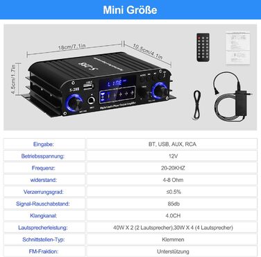 HiFi підсилювач S-288 600Вт, міні Bluetooth стерео аудіо ресивер, 12В/220В, 4 канали, цифровий підсилювач із LCD-дисплеєм, FM-радіо, Bluetooth, USB-вхід, для дому або авто