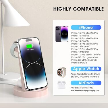Зарядний станція 3 в 1 для iPhone: швидка бездротова зарядка для Apple iPhone 16, 15, 14, 13, 12, 11, X, Pro, Max та Apple Watch 10, 9, 8, 7, 6, SE, AirPods 4, 3, Pro з адаптером 18W (Рожевий)