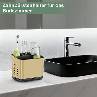 Тримач для зубних щіток електричної та звичайної, дерев'яний, з дренажними отворами, на 4 щітки, для ванної кімнати (Чорне золото, середній)