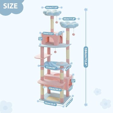 PAWZ Road Дряпка для котів великих порід, 184 см, з гамаком, 7 стовпчиків для дряпання, велика полиця, кошик, синій