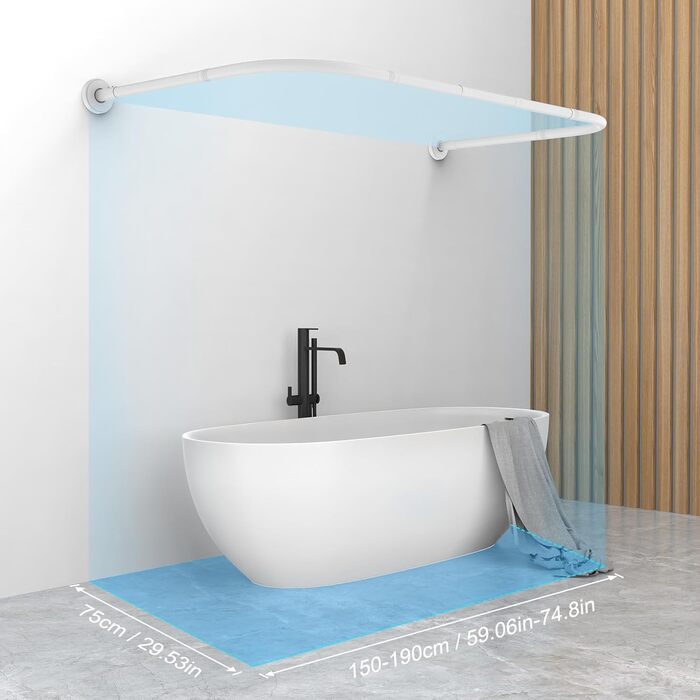 Штанга для душу U/L форми, 75x(150-190)x75 см - 2 в 1 (душова завіса, ванна, кут) - без кріплення до стелі, 24 кільця з нержавіючої сталі (біла)