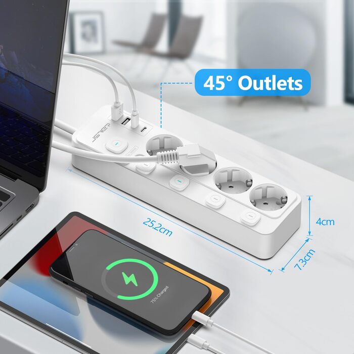 Многорозеткова смуга JSVER 5-портова з індивідуальними вимикачами, 2 USB-A та 2 USB-C (17W), 2м кабель, для смартфонів та ноутбуків, білий