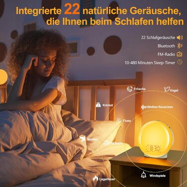 Bluetooth Alarm Clock, Daylight Alarm Clock, Wake-Up Light with Sunrise/Sunset Simulation, 17 Color Lights, 22 Sleep Sounds, Snooze, Two Alarms, FM Radio, for Heavy Sleepers & Kids
