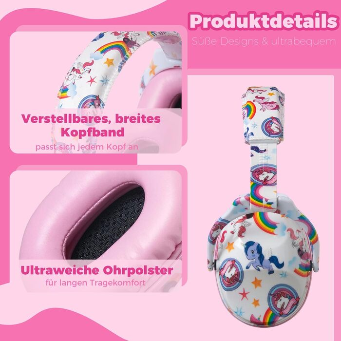 Навушники для захисту вух Kinder - регульовані навушники для дітей, шумоізоляція, SNR 28dB, дизайн єдинорога з рожевою стрічкою