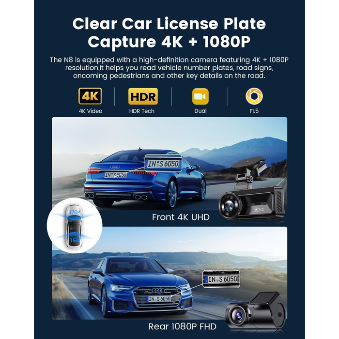 Відеореєстратор COOLCRAZY Dashcam Auto: 4K UHD, Dual камера, GPS, WiFi, 64GB SD-карта, IPS 3